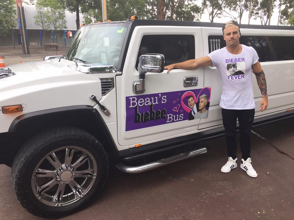 Our stretch Hummer with Beau's Bieber Bus signage ready for the Bieber fever