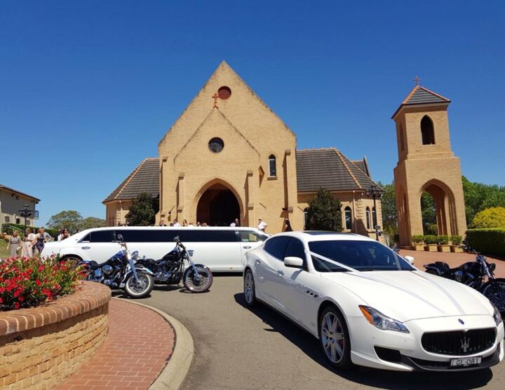 Wedding party has arrived at the church on time thanks to our Maserati & Chrysler Stretch limo wedding cars.