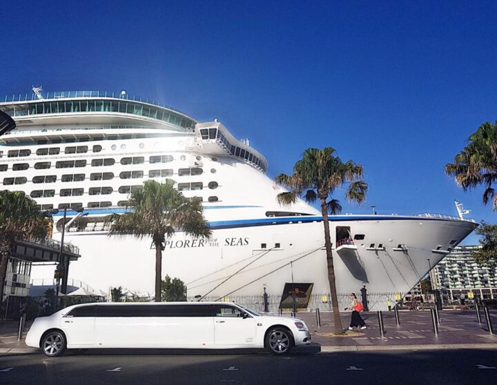 Our stretch limousine pictured in front of the Explorer Of The Seas cruise ship. Make your cruising holiday a memorable one by being picked up or dropped off by a luxury chauffeured limo.