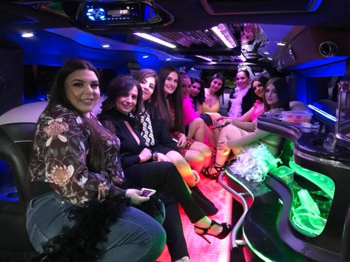 Women celebrating their best friends hens night in style with a stretch Hummer. This is where the fun begins.