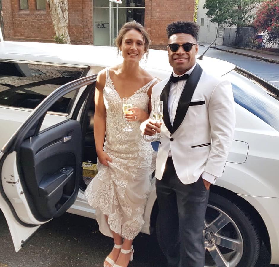 Congratulations to NRL star Kevin Naiqama and wife Lily on their wedding day. Celebrities arriving in style for their special day in a Chrysler Stretch Limousine from HF Wedding & Hire Cars
