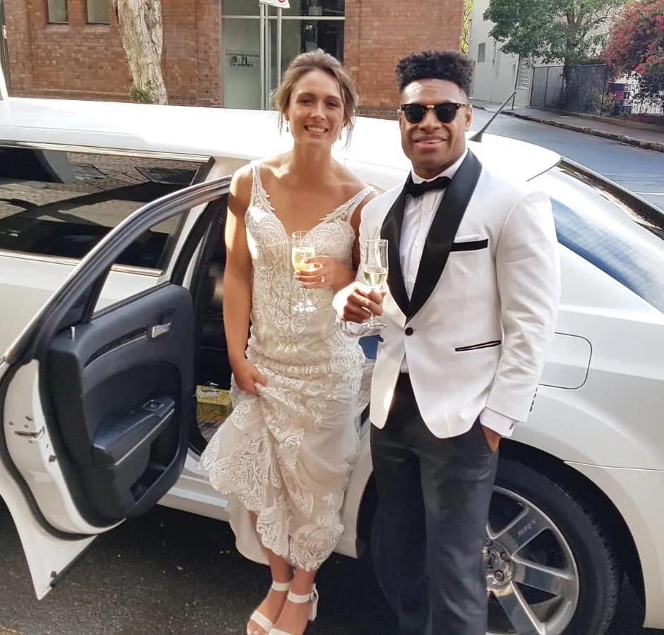 Congratulations to NRL star Kevin Naiqama and wife Lily on their wedding day. Celebrities arriving in style for their special day in a Chrysler Stretch Limousine from HF Wedding & Hire Cars