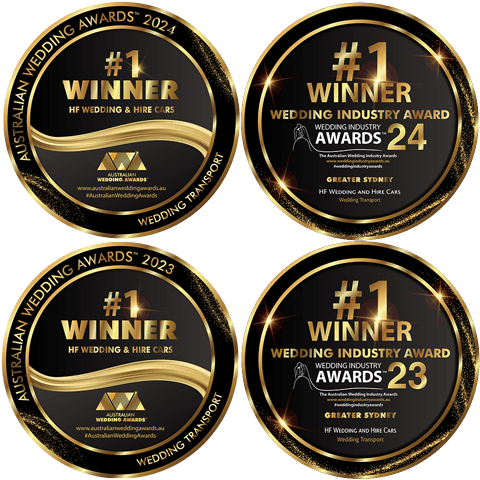 4 x Wedding Industry Awards - Winner of Wedding Transport Greater Sydney & Australia for 2023 & 2024 - HF Wedding & Hire Cars. Arranged in a square design