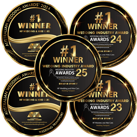 5 x Wedding Industry Awards - Winner of Wedding Transport Greater Sydney & Australia spanning across 2023, 2024 & 2025 - HF Wedding & Hire Cars. Arranged in a square design