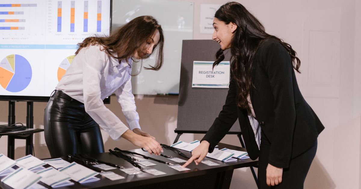A registration booth in a corporate event.