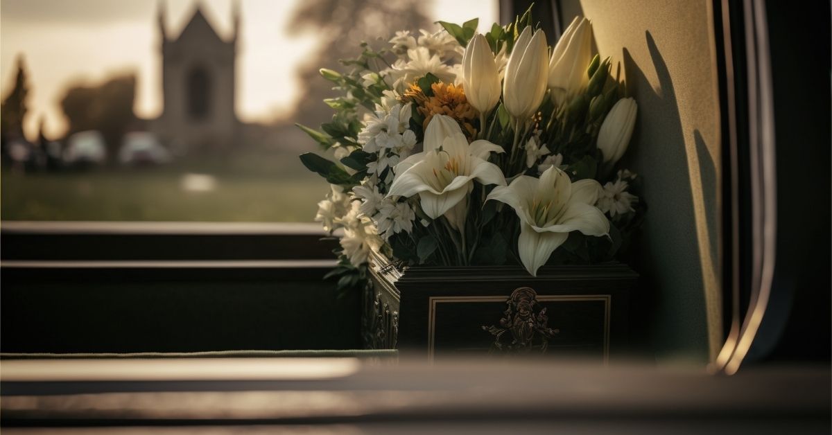 Funeral flowers in the back of a hearse driving through a cemetery at sunset.