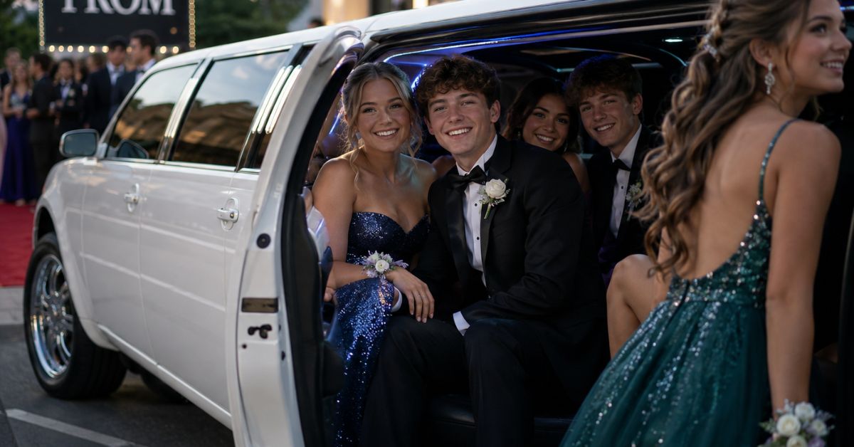 Group of smiling teenagers in formal prom attire sitting inside a white stretch limousine as they arrive at a prom venue with a red carpet entrance.