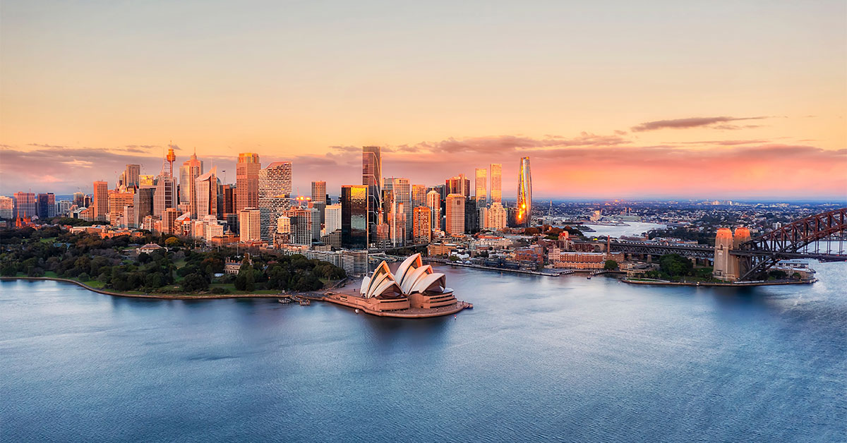 Aerial shot over the beautiful Sydney Harbour.